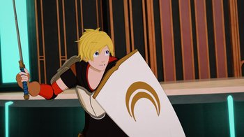 Movie still from “Justice League x RWBY: Super Heroes and Huntsmen Part One” (2023), directed by Kerry Shawcross – A cartoon of a person holding a shield; Medium shot, Over the shoulder angle
