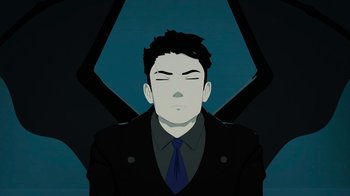 Movie still from “Justice League x RWBY: Super Heroes and Huntsmen Part One” (2023), directed by Kerry Shawcross – A man in a black suit and blue neck tie; Close Up shot, Overhead angle