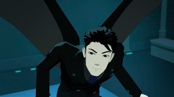 Movie still from “Justice League x RWBY: Super Heroes and Huntsmen Part One” (2023), directed by Kerry Shawcross – An animated man with a black jacket and blue tie; Close Up shot, Overhead angle