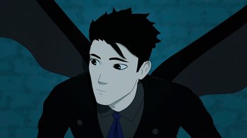 Movie still from “Justice League x RWBY: Super Heroes and Huntsmen Part One” (2023), directed by Kerry Shawcross – An animated picture of a man in a suit and tie; Close Up shot, High angle