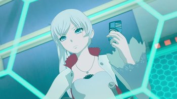 Movie still from “Justice League x RWBY: Super Heroes and Huntsmen Part One” (2023), directed by Kerry Shawcross – A woman holding a cell phone in her hand; Close Up shot, Over the shoulder angle