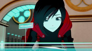 Movie still from “Justice League x RWBY: Super Heroes and Huntsmen Part One” (2023), directed by Kerry Shawcross – A woman with long black hair wearing a black and red jacket; Close Up shot, High angle