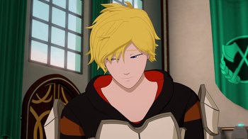 Movie still from “Justice League x RWBY: Super Heroes and Huntsmen Part One” (2023), directed by Kerry Shawcross – A man with blonde hair is holding a book in his hands; Close Up shot, Over the shoulder angle