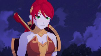 Movie still from “Justice League x RWBY: Super Heroes and Huntsmen Part One” (2023), directed by Kerry Shawcross – A woman with red hair and green eyes is standing in front of a night sky; Medium shot, Low angle