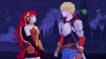 Movie still from “Justice League x RWBY: Super Heroes and Huntsmen Part One” (2023), directed by Kerry Shawcross – A man and a woman standing next to each other; Medium shot, Over the shoulder angle