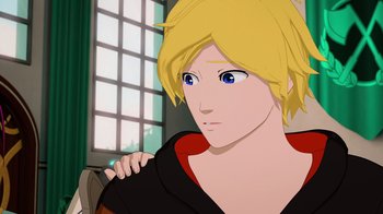 Movie still from “Justice League x RWBY: Super Heroes and Huntsmen Part One” (2023), directed by Kerry Shawcross – A woman with blonde hair and blue eyes; Close Up shot, Over the shoulder angle