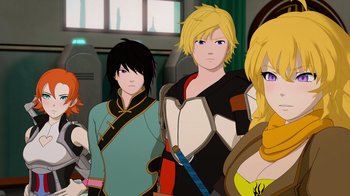 Movie still from “Justice League x RWBY: Super Heroes and Huntsmen Part One” (2023), directed by Kerry Shawcross – A group of people standing next to each other in a room; Medium shot, Low angle