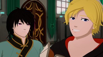 Movie still from “Justice League x RWBY: Super Heroes and Huntsmen Part One” (2023), directed by Kerry Shawcross – A couple of people that are sitting next to each other; Close Up shot, Over the shoulder angle