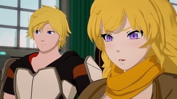 Movie still from “Justice League x RWBY: Super Heroes and Huntsmen Part One” (2023), directed by Kerry Shawcross – A couple of people that are looking at the camera; Close Up shot, Over the shoulder angle