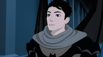 Movie still from “Justice League x RWBY: Super Heroes and Huntsmen Part One” (2023), directed by Kerry Shawcross – An animated picture of a man in black and grey clothes; Close Up shot, Over the shoulder angle