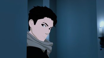 Movie still from “Justice League x RWBY: Super Heroes and Huntsmen Part One” (2023), directed by Kerry Shawcross – A man with a scarf is looking at the camera; Close Up shot, Over the shoulder angle