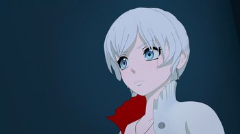 Movie still from “Justice League x RWBY: Super Heroes and Huntsmen Part One” (2023), directed by Kerry Shawcross – An anime girl with short white hair and blue eyes; Close Up shot, Low angle