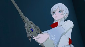 Movie still from “Justice League x RWBY: Super Heroes and Huntsmen Part One” (2023), directed by Kerry Shawcross – An anime girl is holding an object in her hand; Close Up shot, Low angle