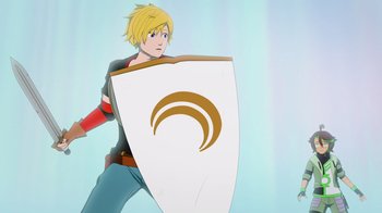 Movie still from “Justice League x RWBY: Super Heroes and Huntsmen Part One” (2023), directed by Kerry Shawcross – A man holding a white shield in his hands; Medium shot, Over the shoulder angle