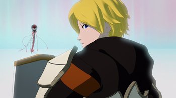 Movie still from “Justice League x RWBY: Super Heroes and Huntsmen Part One” (2023), directed by Kerry Shawcross – A person with blonde hair and a black jacket; Close Up shot, Over the shoulder angle