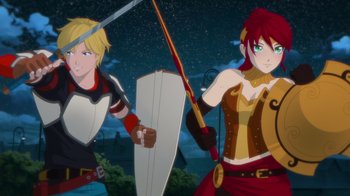 Movie still from “Justice League x RWBY: Super Heroes and Huntsmen Part One” (2023), directed by Kerry Shawcross – A couple of people standing next to each other holding swords; Wide shot, Over the shoulder angle