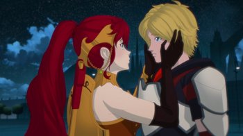 Movie still from “Justice League x RWBY: Super Heroes and Huntsmen Part One” (2023), directed by Kerry Shawcross – Two anime characters are touching each other's hair; Medium shot, Over the shoulder angle