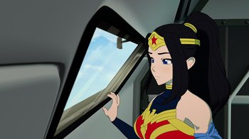 Movie still from “Justice League x RWBY: Super Heroes and Huntsmen Part One” (2023), directed by Kerry Shawcross – A woman dressed as wonder woman looking out of a window; Medium shot, Over the shoulder angle