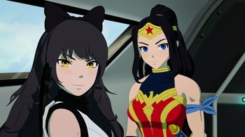 Movie still from “Justice League x RWBY: Super Heroes and Huntsmen Part One” (2023), directed by Kerry Shawcross – Two anime girls are standing next to each other; Close Up shot, Low angle