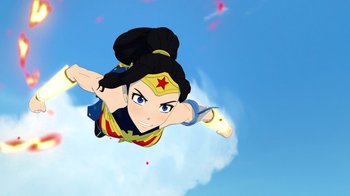 Movie still from “Justice League x RWBY: Super Heroes and Huntsmen Part One” (2023), directed by Kerry Shawcross – An animated wonder woman flying through the air; Extreme Wide shot, Low angle