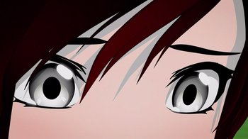 Movie still from “Justice League x RWBY: Super Heroes and Huntsmen Part One” (2023), directed by Kerry Shawcross – An illustration of a woman's eyes with long black hair; Extreme Close Up shot, Overhead angle