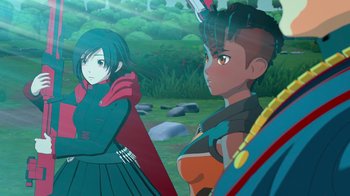 Movie still from “Justice League x RWBY: Super Heroes and Huntsmen Part One” (2023), directed by Kerry Shawcross – A painting of a woman and a man in a field; Medium shot, Over the shoulder angle