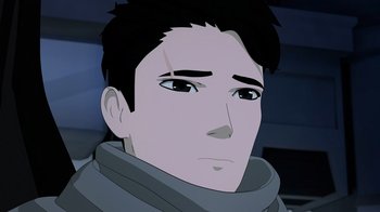 Movie still from “Justice League x RWBY: Super Heroes and Huntsmen Part One” (2023), directed by Kerry Shawcross – An animated picture of a man with a scarf on; Close Up shot, High angle