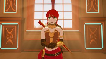 Movie still from “Justice League x RWBY: Super Heroes and Huntsmen Part One” (2023), directed by Kerry Shawcross – A red haired woman holding a bow and arrow in front of a window; Medium shot, High angle
