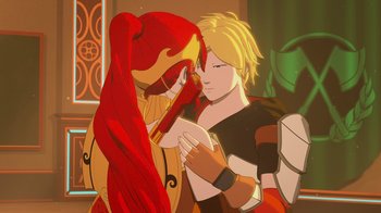 Movie still from “Justice League x RWBY: Super Heroes and Huntsmen Part One” (2023), directed by Kerry Shawcross – A man and a woman are standing next to each other; Medium shot, Over the shoulder angle