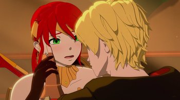 Movie still from “Justice League x RWBY: Super Heroes and Huntsmen Part One” (2023), directed by Kerry Shawcross – An animated scene of a man and a woman; Close Up shot, Over the shoulder angle
