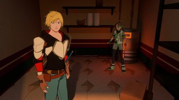 Movie still from “Justice League x RWBY: Super Heroes and Huntsmen Part One” (2023), directed by Kerry Shawcross – A couple of people that are standing in a room; Medium shot, Over the shoulder angle