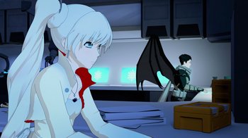 Movie still from “Justice League x RWBY: Super Heroes and Huntsmen Part One” (2023), directed by Kerry Shawcross – An animated woman sitting in front of a bat; Medium shot, Over the shoulder angle
