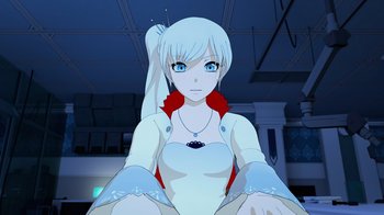 Movie still from “Justice League x RWBY: Super Heroes and Huntsmen Part One” (2023), directed by Kerry Shawcross – An animated woman with a white hair and blue eyes; Medium shot, Low angle