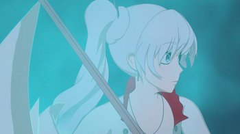 Movie still from “Justice League x RWBY: Super Heroes and Huntsmen Part One” (2023), directed by Kerry Shawcross – A woman holding a sword in her hand; Close Up shot, Over the shoulder angle