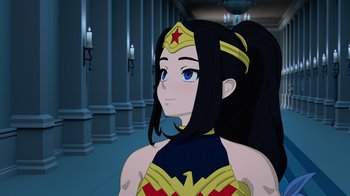 Movie still from “Justice League x RWBY: Super Heroes and Huntsmen Part One” (2023), directed by Kerry Shawcross – A woman with long black hair wearing a wonder woman costume; Medium shot, Over the shoulder angle