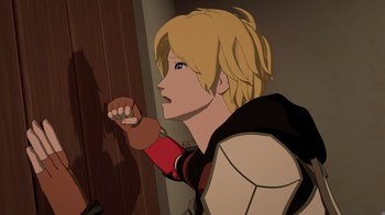 Movie still from “Justice League x RWBY: Super Heroes and Huntsmen Part One” (2023), directed by Kerry Shawcross – A cartoon of a person looking out a window; Close Up shot, Over the shoulder angle