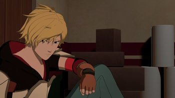 Movie still from “Justice League x RWBY: Super Heroes and Huntsmen Part One” (2023), directed by Kerry Shawcross – A woman sitting on a couch with her arms crossed; Medium shot, High angle