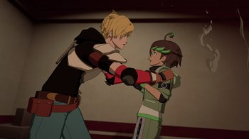 Movie still from “Justice League x RWBY: Super Heroes and Huntsmen Part One” (2023), directed by Kerry Shawcross – Two young people are fighting in a room; Medium shot, Over the shoulder angle