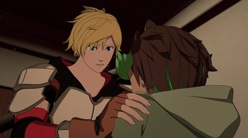 Movie still from “Justice League x RWBY: Super Heroes and Huntsmen Part One” (2023), directed by Kerry Shawcross – Two people are hugging each other in a room; Close Up shot, Over the shoulder angle