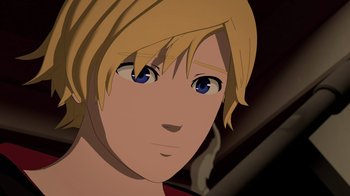 Movie still from “Justice League x RWBY: Super Heroes and Huntsmen Part One” (2023), directed by Kerry Shawcross – A person's face with blue eyes and blonde hair; Close Up shot, Over the shoulder angle