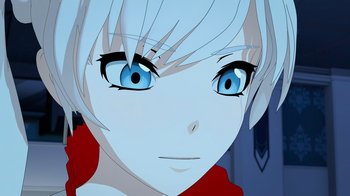 Movie still from “Justice League x RWBY: Super Heroes and Huntsmen Part One” (2023), directed by Kerry Shawcross – A person's face with blue eyes; Close Up shot, High angle