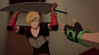 Movie still from “Justice League x RWBY: Super Heroes and Huntsmen Part One” (2023), directed by Kerry Shawcross – A woman holding a sword in front of a wall; Medium shot, Over the shoulder angle