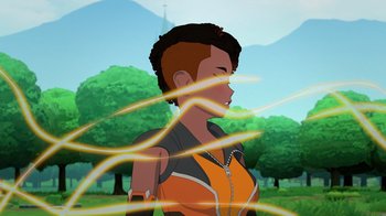 Movie still from “Justice League x RWBY: Super Heroes and Huntsmen Part One” (2023), directed by Kerry Shawcross – An animated woman in an outdoor setting with trees in the background; Medium shot, Over the shoulder angle