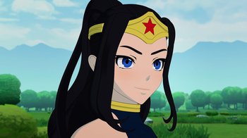 Movie still from “Justice League x RWBY: Super Heroes and Huntsmen Part One” (2023), directed by Kerry Shawcross – An animated wonder woman is looking into the distance; Close Up shot, Low angle