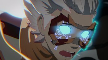 Movie still from “Justice League x RWBY: Super Heroes and Huntsmen Part One” (2023), directed by Kerry Shawcross – An animated character with a glowing blue eyes; Extreme Close Up shot, Low angle
