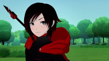 Movie still from “Justice League x RWBY: Super Heroes and Huntsmen Part One” (2023), directed by Kerry Shawcross – A woman with black hair and a red jacket is standing in the grass; Close Up shot, Over the shoulder angle