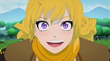 Movie still from “Justice League x RWBY: Super Heroes and Huntsmen Part One” (2023), directed by Kerry Shawcross – A woman with blonde hair wearing a yellow scarf; Close Up shot, Low angle