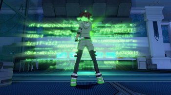 Movie still from “Justice League x RWBY: Super Heroes and Huntsmen Part One” (2023), directed by Kerry Shawcross – A person standing in front of a wall with green lights; Wide shot, High angle