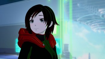 Movie still from “Justice League x RWBY: Super Heroes and Huntsmen Part One” (2023), directed by Kerry Shawcross – A woman with black hair wearing a red jacket; Close Up shot, Low angle