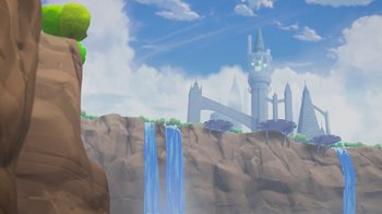 Movie still from “Justice League x RWBY: Super Heroes and Huntsmen Part Two” (2023), directed by Yssa Badiola – An image of an animated scene with a castle and a waterfall; Extreme Wide shot, Low angle